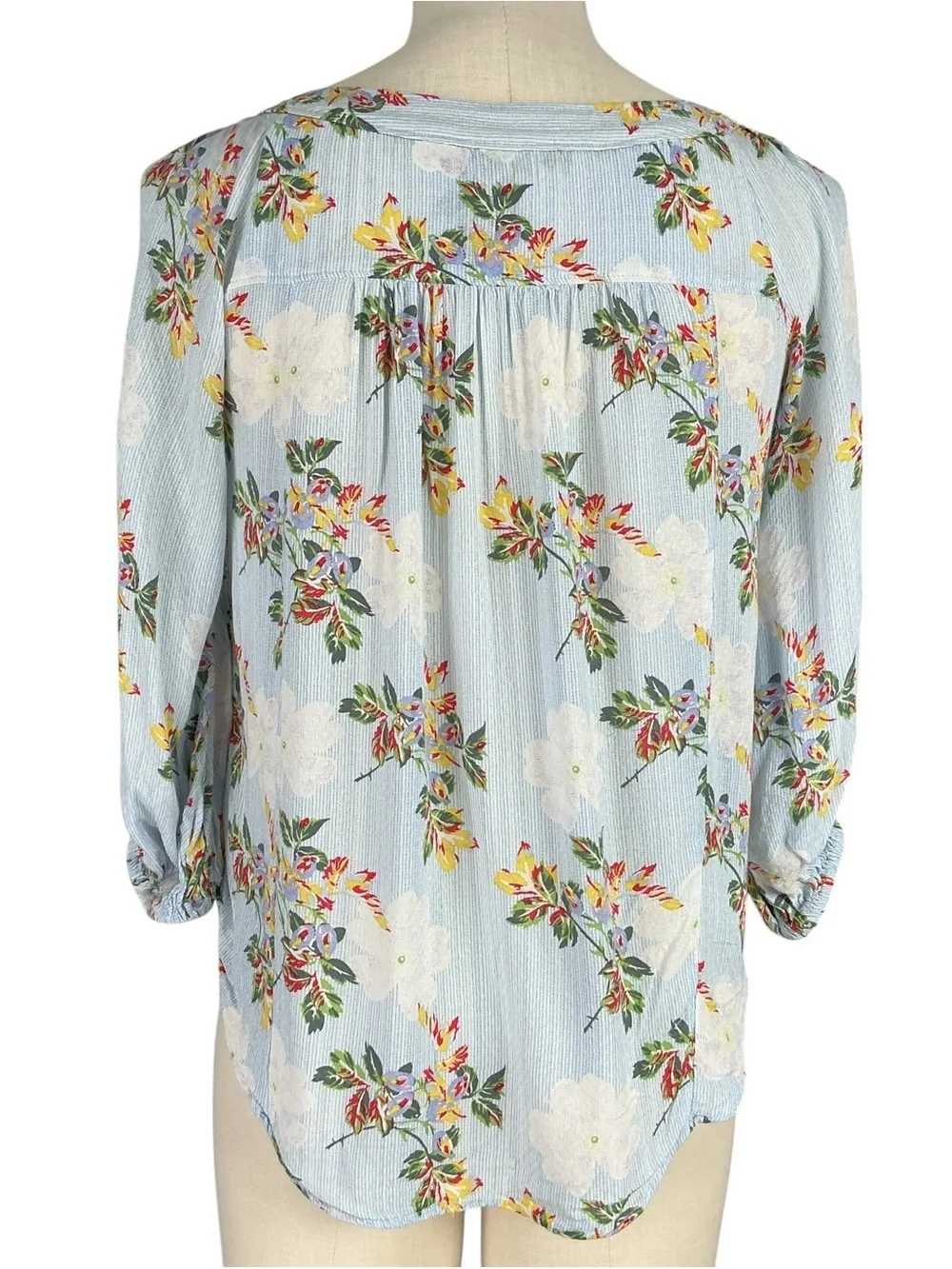 Anthropologie Maeve Boswell Womens 0P Floral Stripe Top Blue Multi 3/4 Sleeve